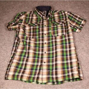 G-Star Raw Mens Large Green Brown Plaid Short Sleeve Button Up Shirt Pocket